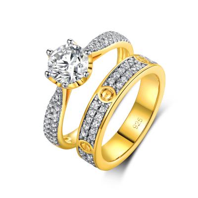 China Lover Gift Jewelry Romantic Brass Gold Plated Couples Wedding Ring Engagement Fashion Ring 2Pcs Set for sale