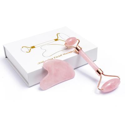 China Wholesale Handheld Beauty Gua Roller Sha Face Rose Quartz Facial Massager Mounted Jade Roller Set For Face With Box for sale