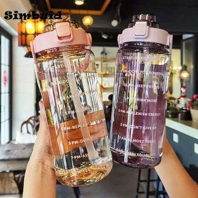 China 2 Liter Stocked Water Bottle With Straw Female Girls Large Portable Travel Bottles Sports Fitness Cup Summer Cold Water With Time Scale for sale