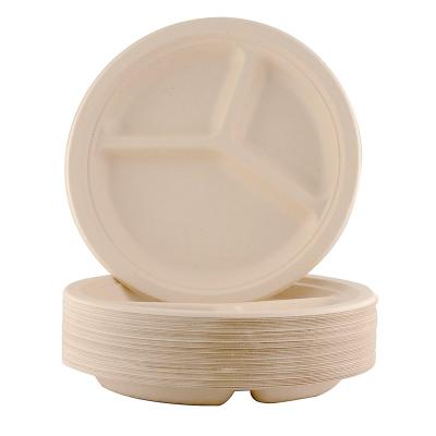 China Waterproof 3 Compartments Disposable Biodegradable Sugar Cane Pulp Dish 9 Inch Bagasse Dish Eco-Friendly Fruit Delivery Salad Bowl for sale