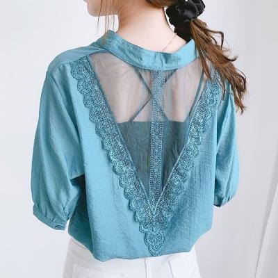 China 2022 Summer New V-Neck Short Sleeve Mesh Blouse Anti-Shrink Lace Blouse For Women for sale