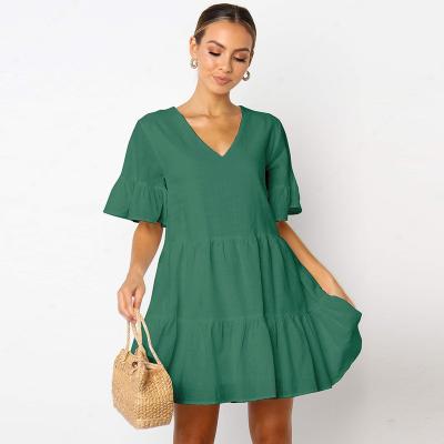 China Anti-static loose dress Europe and the United States border V-neck dress summer large size women's summer spring and short-sleeve TR for sale