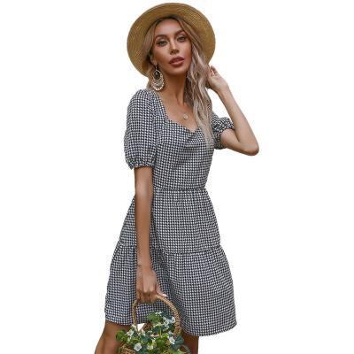 China New Plaid Short Sleeve Lace-up V-neck Dress Anti-Static European Clothing Allure Sewing A-line for sale