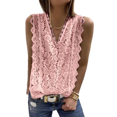 China Summer New V-Neck Shirt Lace Tulle Sleeveless Vest Loose Bottom QUICK DRY Loungewear for sale