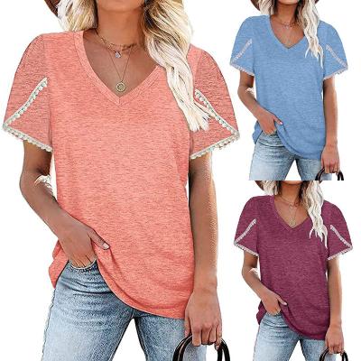 China Anti-wrinkle spring/summer 2022 European and American border sleeve petal lace v-neck T-shirt for women for sale