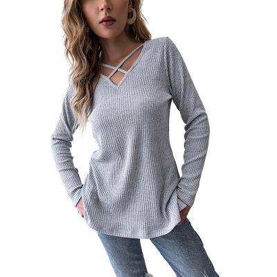 China Anti-Wrinkle Newly Designed Casual V-Neck Cross-Knot Long Sleeve T-Shirt Blouse For Women for sale