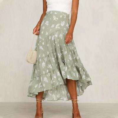 China Source anti-static green print fishtail skirt with ruffles skirt irregular crochet with fringes women lomg skirts for sale