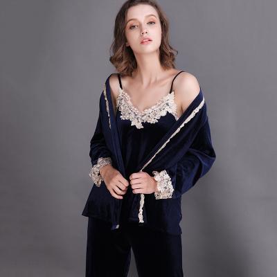 China OEM Autumn Women Warm Nightwear Home Wear QUICK DRY Flannel Embroider Sleepwear 3 Piece Set Velvet Pajamas for sale