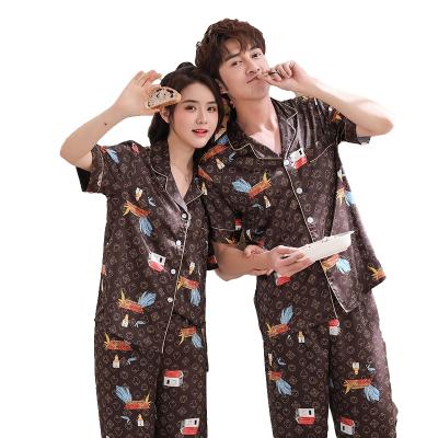 China QUICK DRY Casual Intimate Printed 2PCS Pajama Couples Home Wear Satin Sleepwear Set for sale