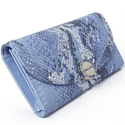 China Customized RFID Fashion Luxury Exquisite Sequined Ladies Triple Wallet Long Rfid Blocking PU Faux Snake Leather Wallet for sale