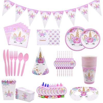 China Wholesale Decoration Unicorn Disposable Tableware Party DIY Paper Plate Cups Girl's Birthday Party Supplies for sale