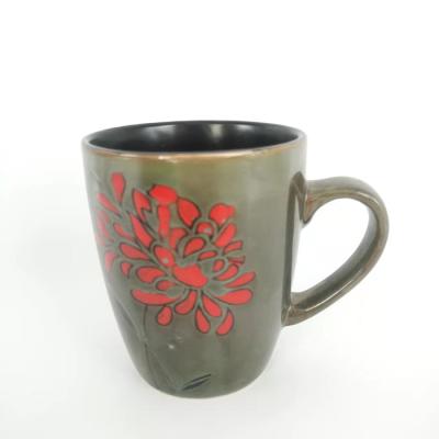 China 12oz Disposable Stoneware Rustic Black Mug With Flower Decal Sublimation European Nordic Printed Coffee Cups for sale