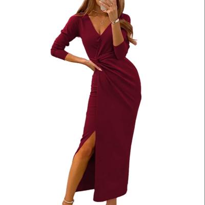 China High Fashion Anti-wrinkle V-Neck Sheath Long High Split Plain Maxi Long Evening Dress Jersey Dress For Women for sale