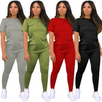 China Solid Color Anti-Static Hot Selling Cotton 2 Pieces Plus Size Jogging Sets For Female Plain Color Shorts Sleeve Round Collar Women Legging Set for sale