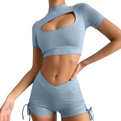 China Hollow Out Breathable Lean Two-Piece Scythe Outfits Neck Short Sleeve Cropped Top And Short Set for sale