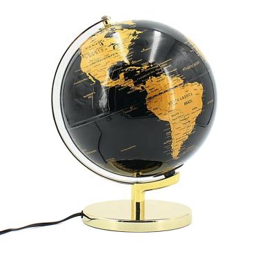 China Rotating Metal Base Rotating Black And Yellow Plastic PVC World Globe For Home Decoration With Lamp for sale