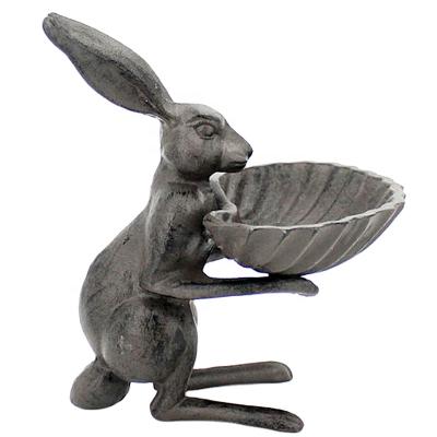 China New Design Rustic Unique Garden Unique Design Decorative Bird Bath Rabbit Cast Iron Rabbit Metal Bird Feeder Bath For Outdoor for sale