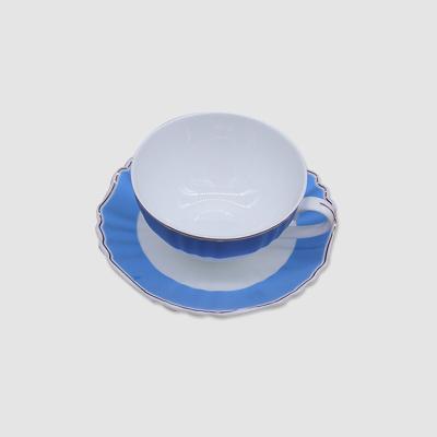 China Sustainable 350CC Porcelain Blue And White Color Decalled Bone China Coffee Or Tea Ceramic Cup And Saucer for sale