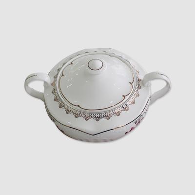 China Tangshan Factory Price Acceptable Logo Tangshan Factory Price Viable Custom Round Shape Soft Bone China Ceramic Soup Tureen with Lid and Ear for sale