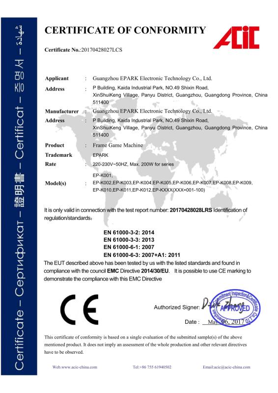 CE CERTIFICATE - Guangzhou EPARK Electronic Technology Co. Ltd