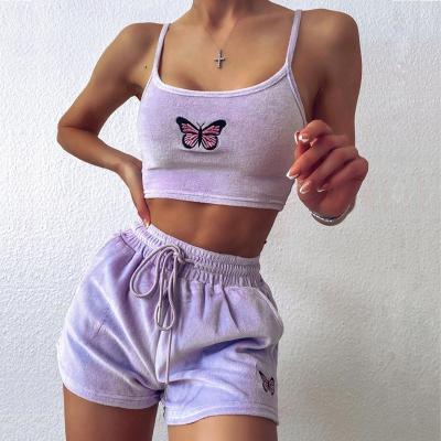 China New Fashion Women's QUICK DRY 2 Piece Loungewear Suit Summer Embroidery Cami Drawstring Shorts Velvet Sets for sale