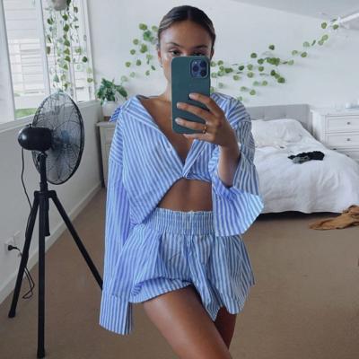 China QUICK DRY fashion casual striped blouse shirts and shorts matching outfit clothes summer 2 piece set for women for sale