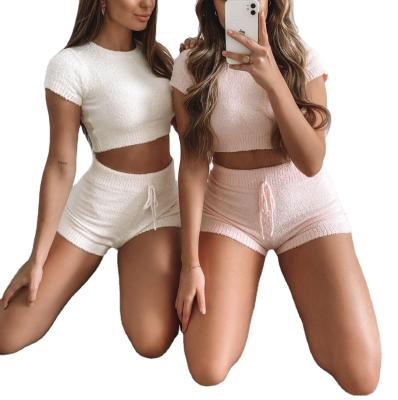 China New Arrival QUICK DRY Summer Lounge Wear 2 Piece Set Casual Blouse Terry Towel White Color Cropped Women Set With Shorts for sale