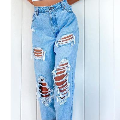 China New fashion latest design women's high waist QUICK DRY jeans pants ripped slimming blue hole jeans pants for women for sale