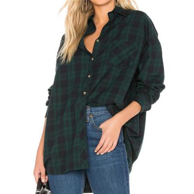 China Wholesale Button Front Oversized Flannel Long Sleeve Drop Anti-pilling Green Plaid 100% Anti-pilling Shirts For Women for sale