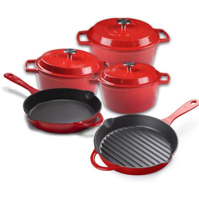 China Sustainable Wholesale Custom Red Kitchen Cooking Pans Enameled Cast Iron Casserole Pots And Casserole Sets Enamel Cast Iron Cookware Set for sale