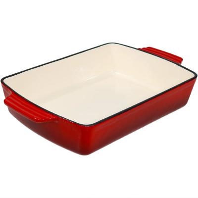 China General use for Rectangle Grill Gas and Non Induction Cooker Cast Iron Roasting Pan Stick Cookware Red Enamel Roasting Pan for sale