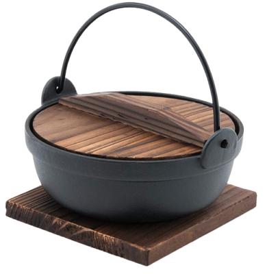 China Durable Durable Black Cast Iron Dutch Oven Camping Used Cast Iron Japanese Pot With Wooden Lid for sale