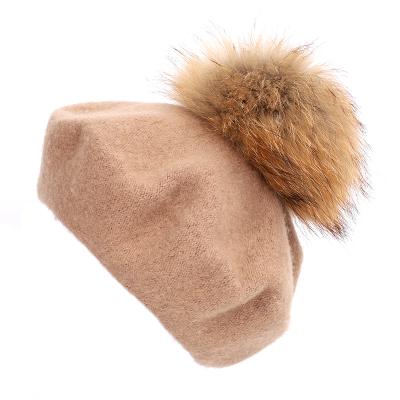 China Fashion Beret Ladies Raccoon Fur Pom Pom Checked Outdoor Painter Hats Fall And Winter Warm Solid Color Knit Stylish Hats High Quality for sale