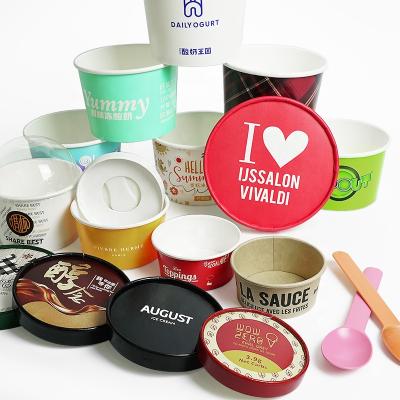 China Biodegradable Custom Logo Printed Ice Cream Cup Gelato Frozen Yogurt Rolls Disposable Single Wall Paper Cup 3/4/5/8/12/16OZ With Lid And Spoon for sale