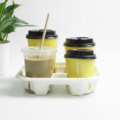 China Eco-friendly Biodegradable Sugarcane Takeaway Disposable Paper Pulp Drinks 4 Compartment Coffee Cup Cold Tray for sale