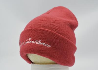 China Red 100 Woolen Knitted Winter Beanie Hats Elasticity With Embroidered Logo for sale