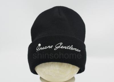 China Woolen Winter Beanie Hats Black Color With Flat Embroidery Adults Size for sale