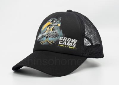 China Large Black Printed Mesh Trucker Hats 5 Panel With Velcro Back Strips for sale