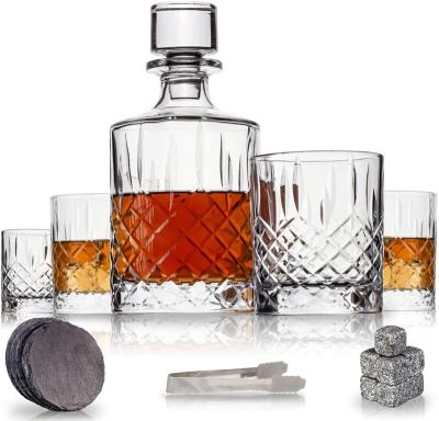 China CLASSIC hand cut whiskey decanter set with 4 glasses, 4 coasters, 8 whiskey stones for sale