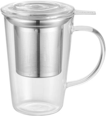 China Sustainable 14oz CLEAR Borosilicate Glass Tea Mug with Infuser and Lid, Tea Cup for sale