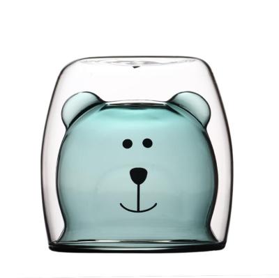 China Stocked 2020 Newest Cute Clear Cartoon Double Wall Glass Milk Cup Coffee Borosilicate Cups In Bear Shape for sale