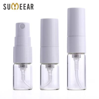 China Personal Care SUMEEAR 1ml 2ml Mini Perfume Spray Bottle White Plastic Pump Sprayer Sample Glass Vials for sale