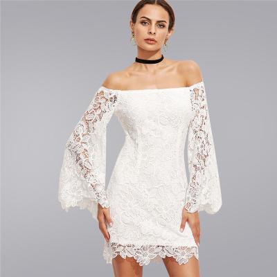 China QUICK DRY women's clothing women's sexy one-piece neck flared sleeve nightclub lace embroidery dressWomen's long sleeve sets for sale