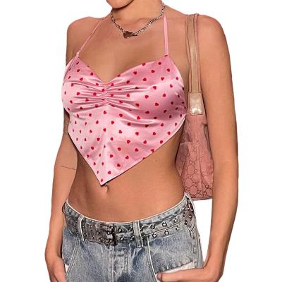 China 2022 Summer Women's QUICK DRY Love Printed Satin Backless Halter Neckerchief Cross Lace Vest for sale