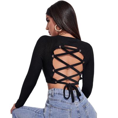 China 2022 summer sexy QUICK-DRY women's slim long-sleeved belly-baring backless T-shirt for sale