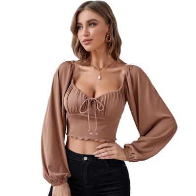 China 2022 crop lantern sleeve top drawstring sexy slim short neckline QUICK DRY ruffled knitted long sleeve T-shirt for sale