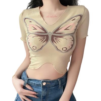 China 2022 Butterfly QUICK DRY Printing Disagree Color T-shirt 2022 Sexy Deep V Spring Crop Neckline Tops For Women for sale