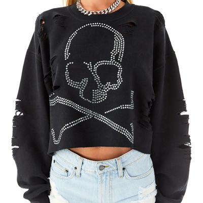 China Anti-wrinkle premium skull rhinestone ripped sweatshirt for women knitted crewneck drop shoulder sweatshirt for sale