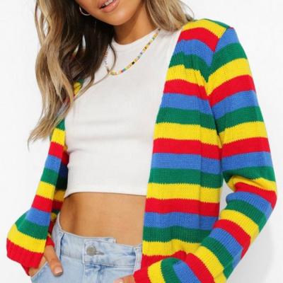 China Custom Anti-Wrinkle Women's Casual Cardigans Rainbow Stripe Cropped Crochet Cardigan for sale