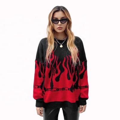 China Anti-wrinkle Guangzhou winter custom ladies sweater for women flame jacquard knit crew neck sweater for sale